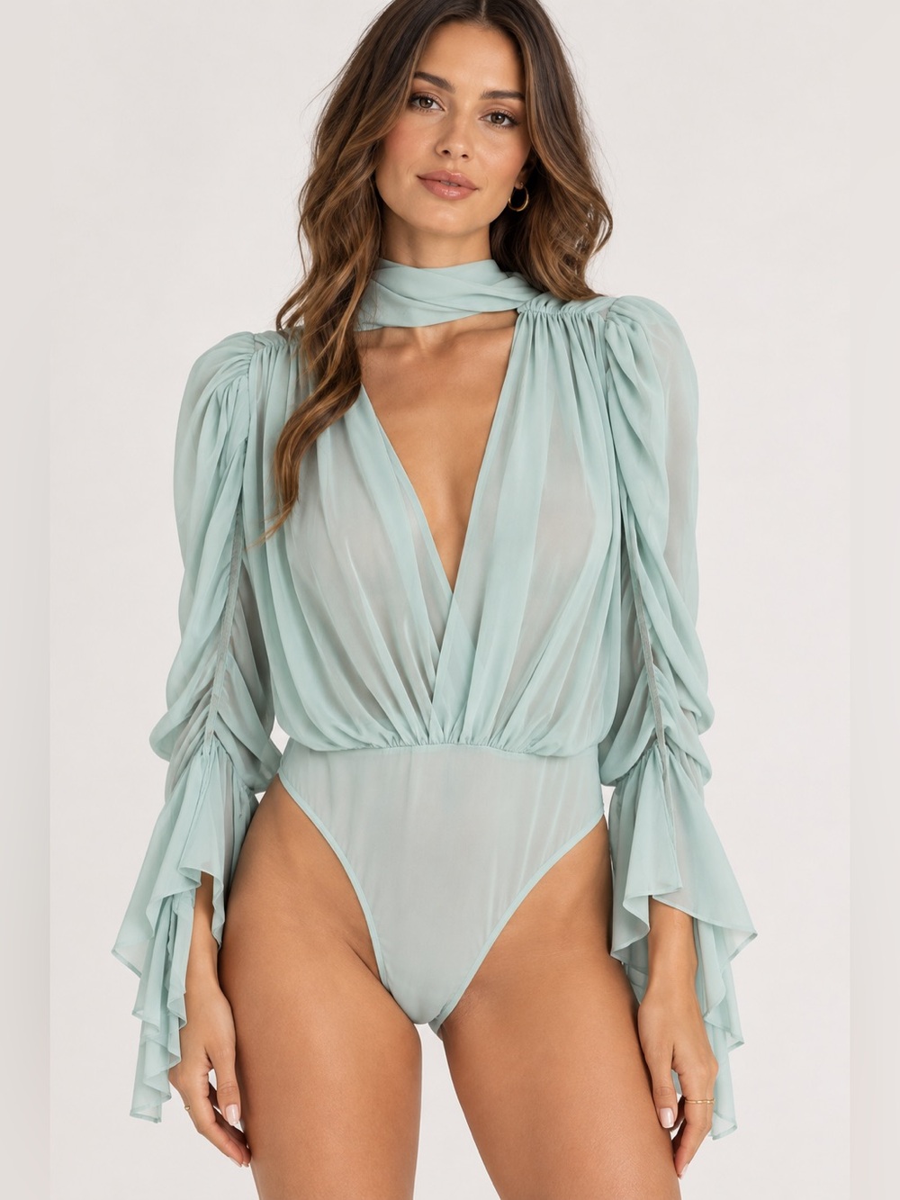 SER.O.YA Light Sage Sheer Surplice Long-Sleeve Bodysuit